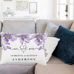 Cojín Decorativo Violet florals white mr mrs name<br><div class="desc">Fondo blanco,  texto negro. Decorados con flores violetas de color lavanda,  el señor y la señora con un corazón. Personalice y agregue sus nombres.</div>