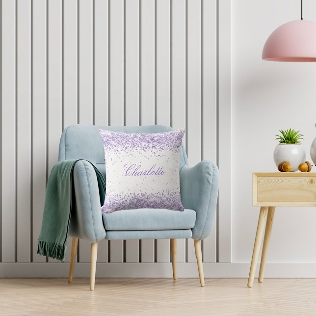 Cojín Decorativo Violet lavender purpurina nombre guión elegante (Subido por el creador)