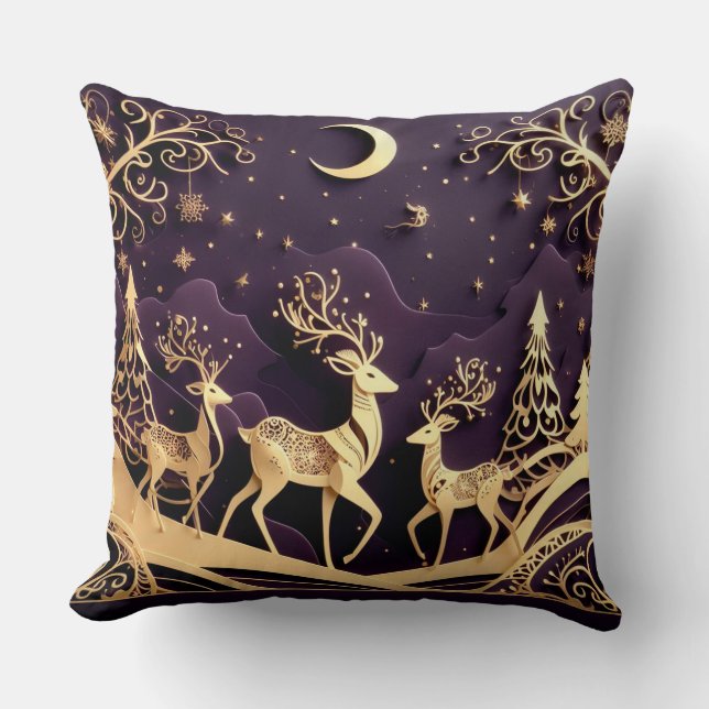 Cojín Decorativo Violet Winter Whimsy – Moonlit Deer Christmas (Anverso)