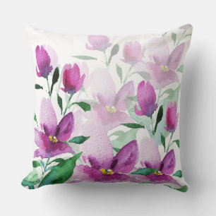 Cojín Decorativo Violeta Púrpura Floral Acuarela Pintada a Mano