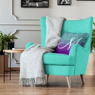 Cojín Decorativo Violeta Púrpura y Glitter Ombre Teal Monogramado