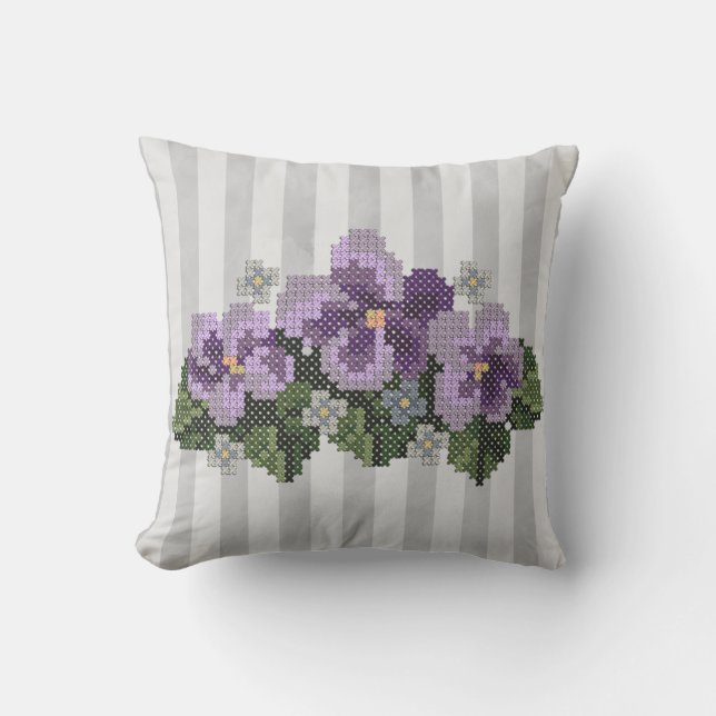 Cojín Decorativo Violetas cruzadas púrpuras de la puntada en gris (Anverso)