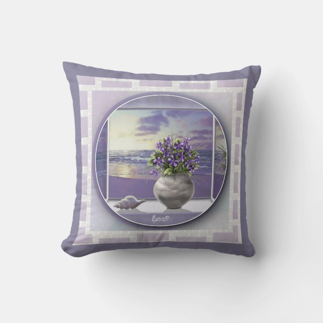 Cojín Decorativo violetas en tarro lunar (Anverso)