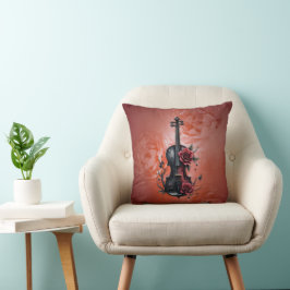 Cojín Decorativo Violín negro gótico con rosas rojas