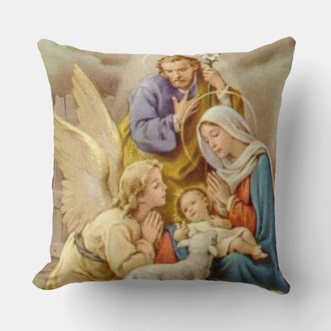 Cojín Decorativo Virgen María, San José, Jesús, y ángel del navidad (Anverso)