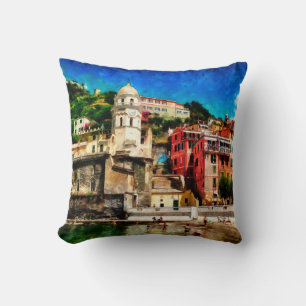 Cojín Decorativo Vista de Vernazza, Italia. Cono de pintura acuarel