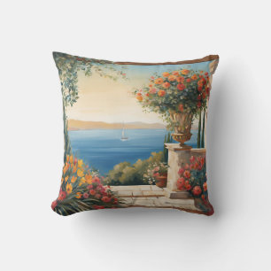 Cojín Decorativo Vista del Mar Mediterráneo con flores
