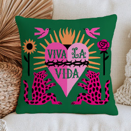 Cojín Decorativo Viva La Vida Corazón Rosa Sobre Arte Popular Verde