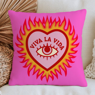 Cojín Decorativo Viva La Vida Ojo Malo Corazón en Llamas Rosa