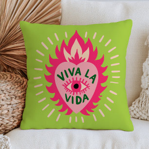 Cojín Decorativo Viva La Vida Ojo Malo Rosa Corazón en Llamas Verde