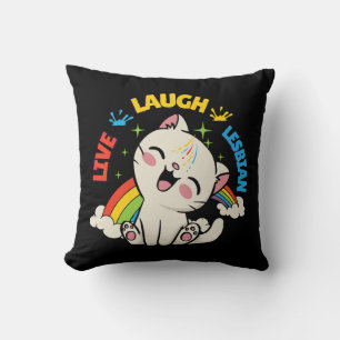 Cojín Decorativo Vive Ríe Bandera Lesbiana Arcoíris Gato Mes del Or