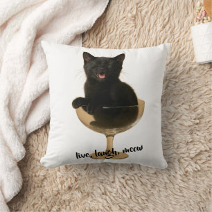 Cojín Decorativo Vive, ríe, miau - Gato negro divertido