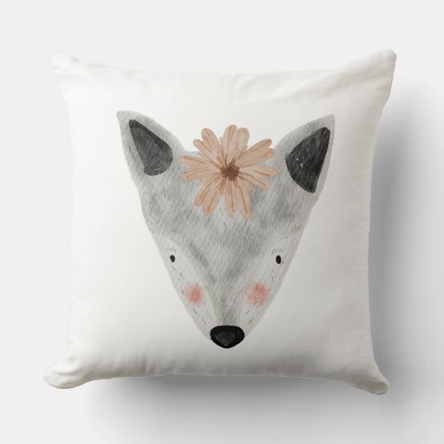 Cojín Decorativo Vivero de bebé niña acuarela gris blanco animal (Anverso)