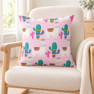 Cojín Decorativo Vivero de Llamas y Cactus del Desierto Rosa
