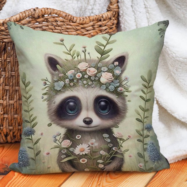 Cojín Decorativo Vivero Del Bosque Del Mapache Lindo Bebe (Cute baby raccoon woodland nursery pillow)