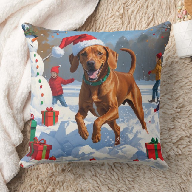 Cojín Decorativo Vizsla corre en Nieve con Gorra Navidad (Manta)
