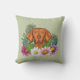 Cojín Decorativo Vizsla Húngara Y Flores De Verano Coloridas Verde