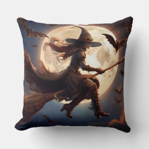 Cojín Decorativo Vuelo a la luz de la luna de la bruja Steampunk de