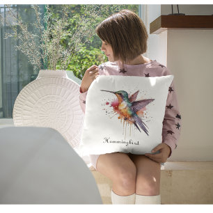 Cojín Decorativo Vuelo Colorido, colibrí acuarela personalizado