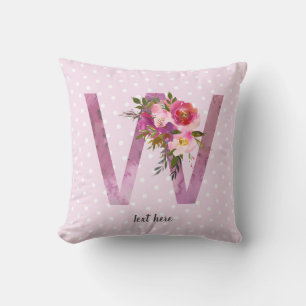 Cojín Decorativo w, Monograma floral inicial, flor acuarela