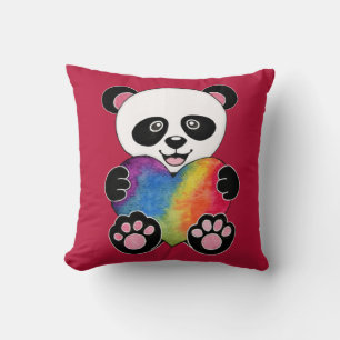 Cojín Decorativo Watercolor Cute Panda Con Corazón Arcoiris
