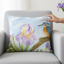 Cojín Decorativo Watercolor Kingfisher with Purple Irises