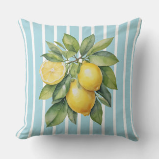 Cojín Decorativo Watercolor Lemons on Blue Striped Background