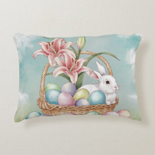 Cojín Decorativo Watercolor Lily y Huevos Pastel con conejo en cest