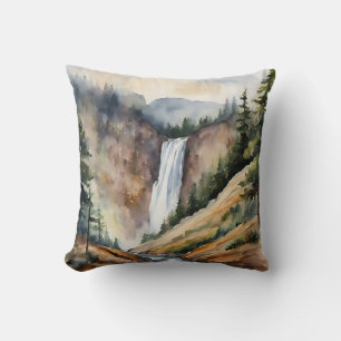 Cojín Decorativo Watercolor Mountain Waterfall Trees Nature Scene
