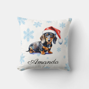 Cojín Decorativo Watercolor Negro y Tan Dachshund Navidades Perro