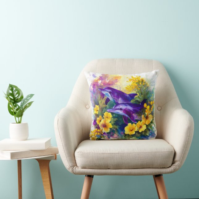 Cojín Decorativo Watercolor Ocean Dolphins Tropical Flowers (Silla)