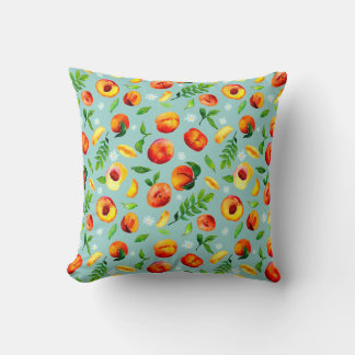 Cojín Decorativo Watercolor Peach Green Leaves Blue background