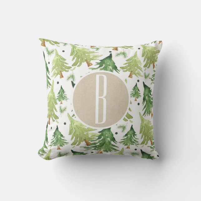 Cojín Decorativo Watercolor Pine Trees Moderno Rustic Monograma Kra (Anverso)
