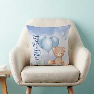 Cojín Decorativo Watercolor Teddy Bear Blue Balloon Personalice