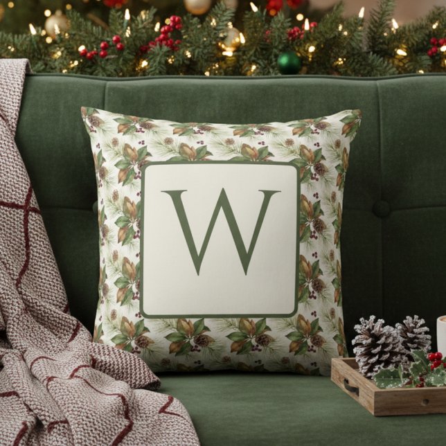 Cojín Decorativo Watercolor Winter Botanical Pattern (Holiday monogram pillow
)