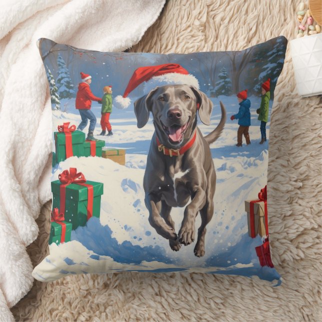 Cojín Decorativo Weimaraner corre en Nieve con Gorra Navidad (Manta)