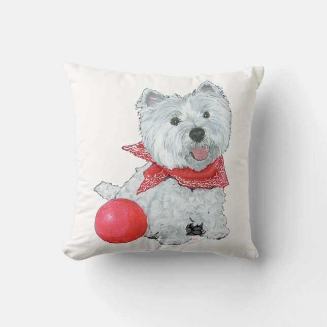 Cojín Decorativo Westie con pelota roja (Anverso)