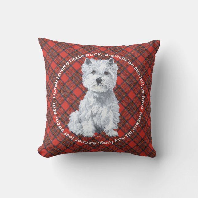 Cojín Decorativo Westie sobre ALMOHADÓN de Tartán (Anverso)