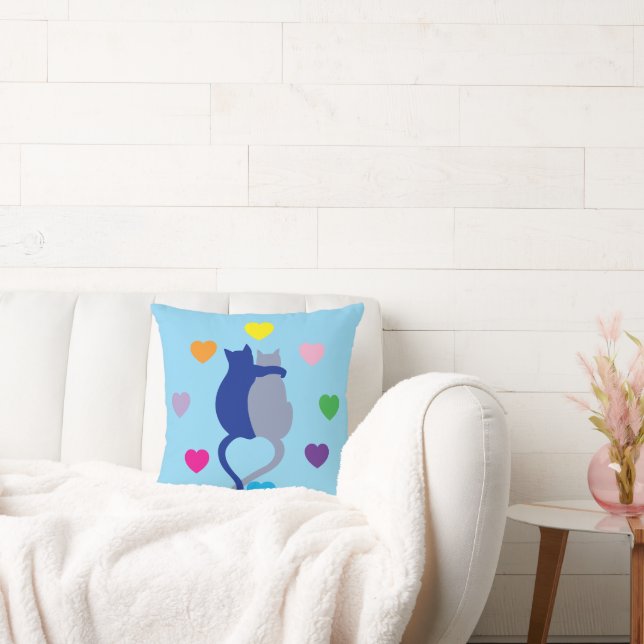 Cojín Decorativo Whimsical Blue Cat Pillow With Rainbow Hearts (Sofá)