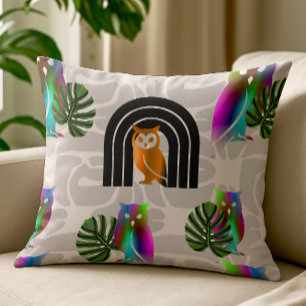 Cojín Decorativo Whimsical Boho Owl & Tropical Monstera Leaf