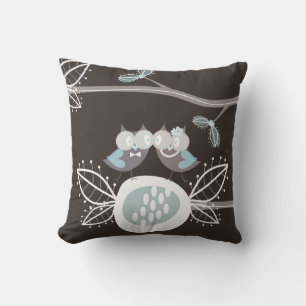 Cojín Decorativo Whimsical Bride Groom Blue Boda Owls Cushion