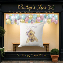 Cojín Decorativo Whimsical Bumblebee & Wildflowers "Bee Happy"