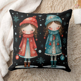 Cojín Decorativo Whimsical Christmas Girls in the Snow Throw Pillow