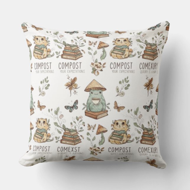 Cojín Decorativo Whimsical "Compost Your Expectations" Frog & Cat P (Anverso)