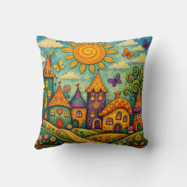 Cojín Decorativo Whimsical Fairy Tale Village Colorful Canvas Art