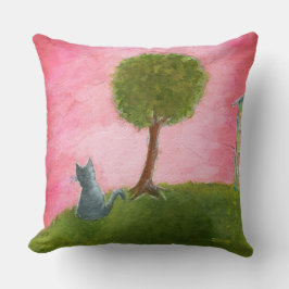 Cojín Decorativo Whimsical Kitty Cat Folk Art Pintura de cielo rosa