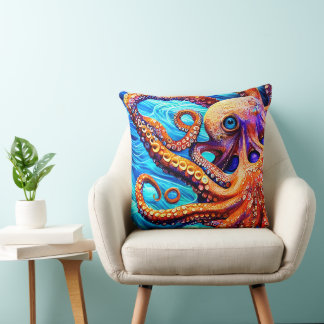 Cojín Decorativo Whimsical Octopus Blue Ocean Wave Cubism