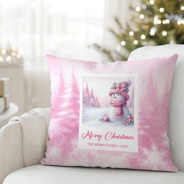 Cojín Decorativo Whimsical Pink Snowman Winter Scene Pillow Gift (Whimsical Pink Snowman Winter Scene Pillow Gift)