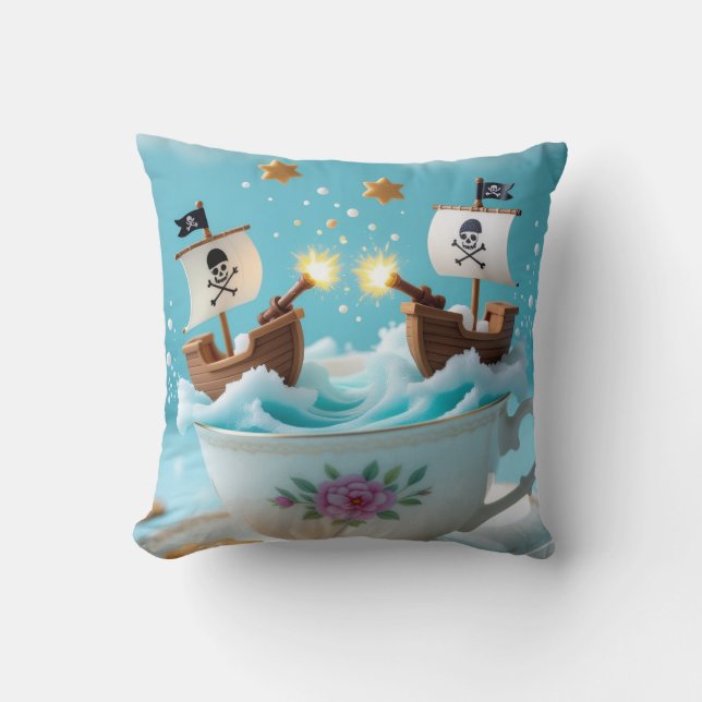 Cojín Decorativo Whimsical Pirate Ships in Teacup Cushion – Cute Fa (Anverso)