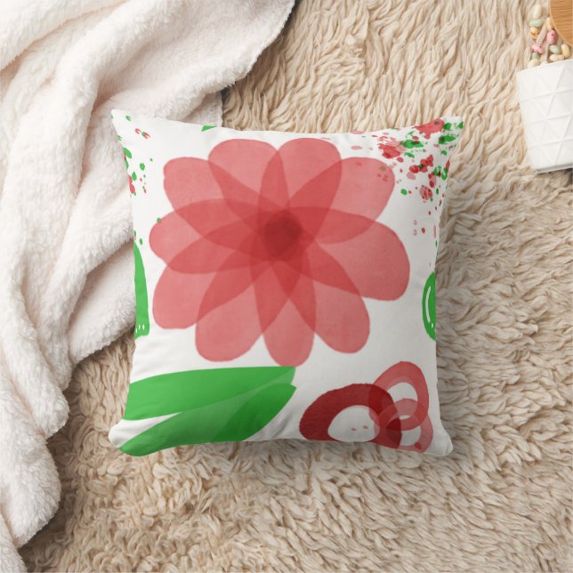 Cojín Decorativo Whimsical Red Flowers Green Leaves On White Art (Manta)
